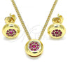 Oro Laminado Earring and Pendant Adult Set, Gold Filled Style with Ruby Micro Pave, Polished, Golden Finish, 10.156.0276.1