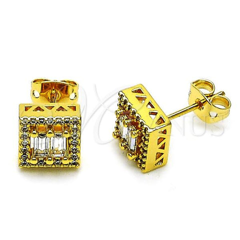 Oro Laminado Stud Earring, Gold Filled Style Baguette Design, with White Cubic Zirconia and White Micro Pave, Polished, Golden Finish, 02.342.0343