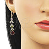 Oro Laminado Long Earring, Gold Filled Style Cluster Design, with Multicolor Cubic Zirconia and White Micro Pave, Polished, Golden Finish, 02.323.0109