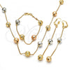 Oro Laminado Necklace, Bracelet and Earring, Gold Filled Style Ball Design, Diamond Cutting Finish, Tricolor, 06.170.0002
