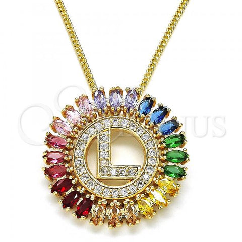 Oro Laminado Pendant Necklace, Gold Filled Style Initials Design, with Multicolor Cubic Zirconia, Polished, Golden Finish, 04.210.0016.1.20