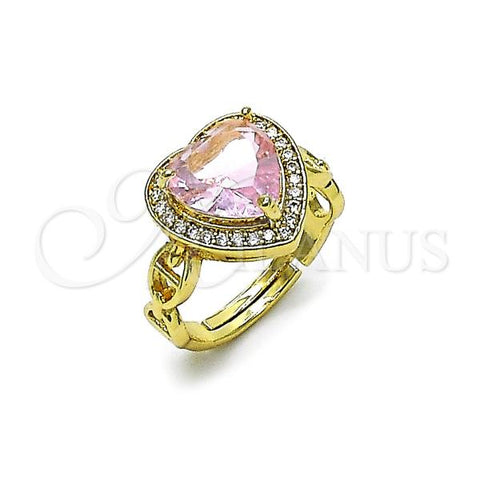 Oro Laminado Multi Stone Ring, Gold Filled Style Heart and Puff Mariner Design, with Pink Cubic Zirconia and White Micro Pave, Polished, Golden Finish, 01.284.0107.5