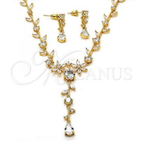 Oro Laminado Necklace and Earring, Gold Filled Style Flower and Leaf Design, with White Cubic Zirconia, Polished, Golden Finish, 06.205.0002