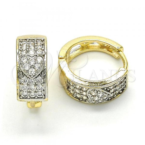 Oro Laminado Huggie Hoop, Gold Filled Style Heart Design, with White Cubic Zirconia, Polished, Two Tone, 02.210.0120.15