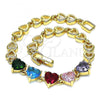 Oro Laminado Fancy Bracelet, Gold Filled Style Heart Design, with Multicolor Cubic Zirconia, Polished, Golden Finish, 03.283.0075.07
