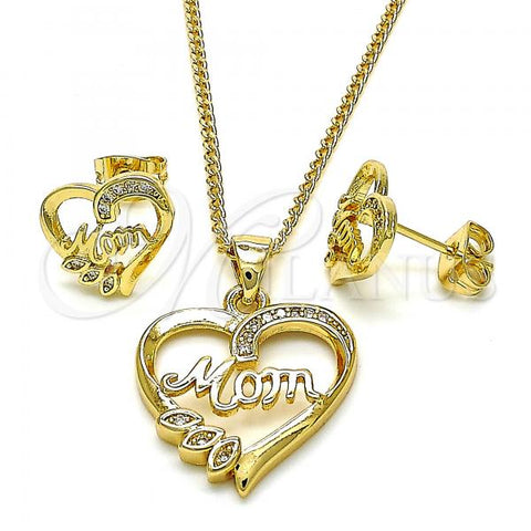 Oro Laminado Earring and Pendant Adult Set, Gold Filled Style Mom and Heart Design, with White Micro Pave, Polished, Golden Finish, 10.342.0029