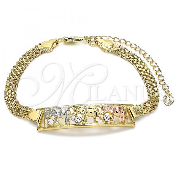 Oro Laminado Fancy Bracelet, Gold Filled Style Elephant Design, with White Crystal, Polished, Tricolor, 03.380.0020.08