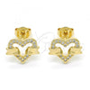 Oro Laminado Stud Earring, Gold Filled Style Heart Design, with White Micro Pave, Polished, Golden Finish, 02.156.0278