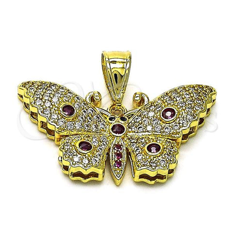 Oro Laminado Fancy Pendant, Gold Filled Style Butterfly Design, with Ruby Cubic Zirconia and White Micro Pave, Polished, Golden Finish, 05.411.0031