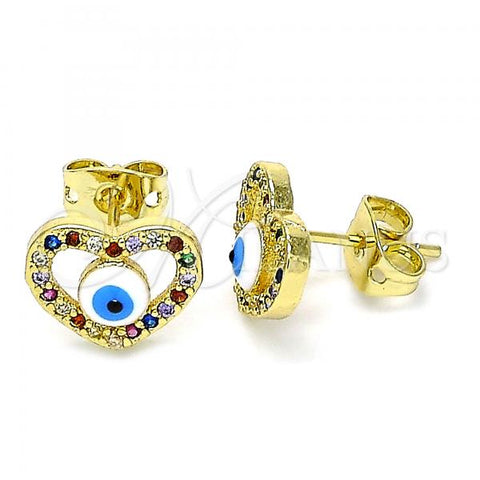 Oro Laminado Stud Earring, Gold Filled Style Heart and Evil Eye Design, with Multicolor Micro Pave, White Enamel Finish, Golden Finish, 02.381.0013