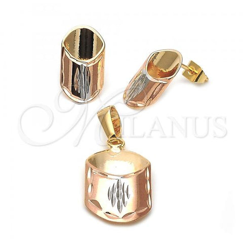 Oro Laminado Earring and Pendant Adult Set, Gold Filled Style Polished, Tricolor, 10.65.0537
