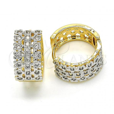 Oro Laminado Huggie Hoop, Gold Filled Style Flower Design, with White Cubic Zirconia, Polished, Two Tone, 02.210.0145.15