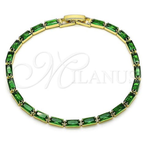 Oro Laminado Tennis Bracelet, Gold Filled Style Baguette Design, with Green Cubic Zirconia, Polished, Golden Finish, 03.283.0354.3.07