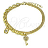 Oro Laminado Charm Bracelet, Gold Filled Style key and Lock Design, with White Cubic Zirconia and White Micro Pave, Polished, Golden Finish, 03.213.0213.07
