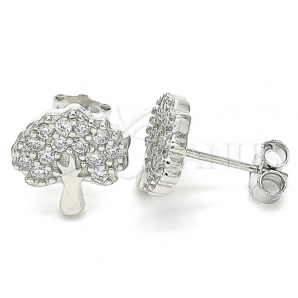 Sterling Silver Stud Earring, Tree Design, with White Cubic Zirconia, Polished, Rhodium Finish, 02.336.0128