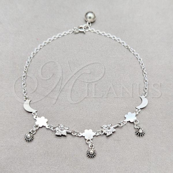 Sterling Silver Fancy Anklet, Flower and Moon Design, Polished, Silver Finish, 03.409.0085.10