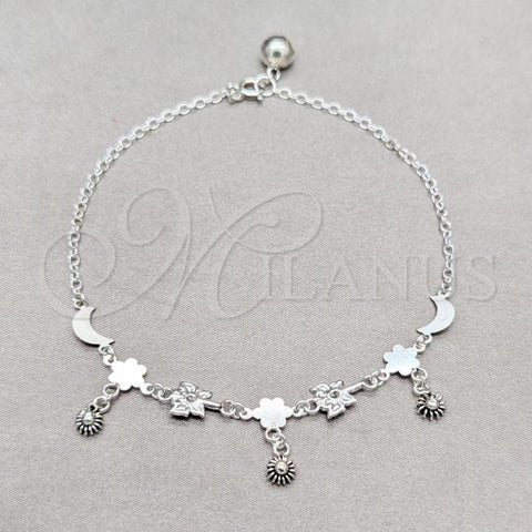 Sterling Silver Fancy Anklet, Flower and Moon Design, Polished, Silver Finish, 03.409.0085.10