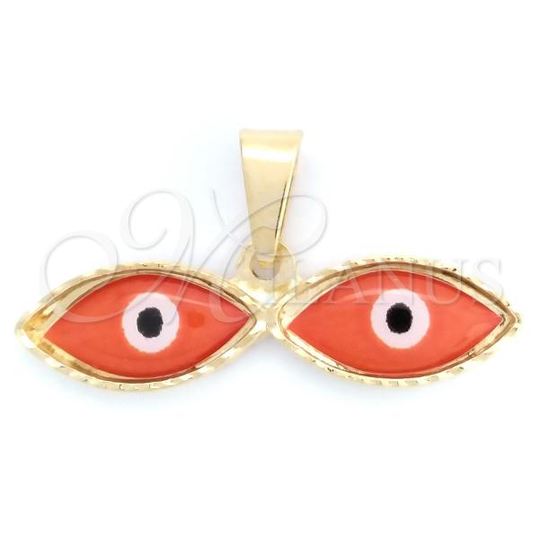 Oro Laminado Religious Pendant, Gold Filled Style Evil Eye Design, with Orange Red Mother of Pearl, Red Enamel Finish, Golden Finish, 05.32.0087.1
