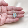 Oro Laminado Religious Pendant, Gold Filled Style Guadalupe Design, with White Cubic Zirconia, Light Blue Enamel Finish, Golden Finish, 05.284.0016.2