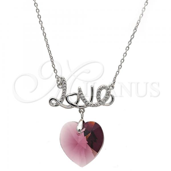 Rhodium Plated Pendant Necklace, Heart and Love Design, with Amethyst Swarovski Crystals and White Micro Pave, Polished, Rhodium Finish, 04.239.0029.2.16