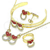 Oro Laminado Necklace, Bracelet, Earring and Ring, Gold Filled Style Heart Design, with Garnet and White Crystal, Polished, Golden Finish, 06.361.0023.1