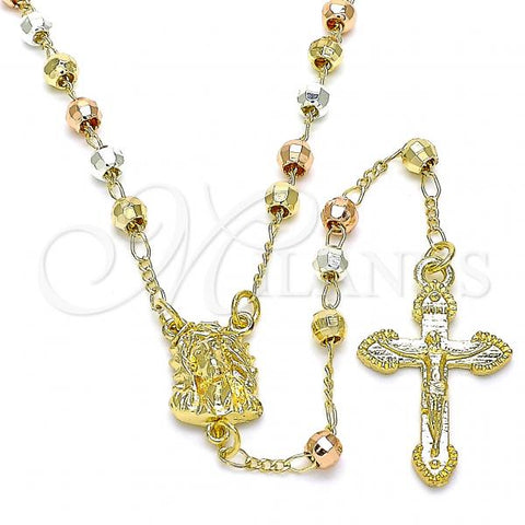 Oro Laminado Thin Rosary, Gold Filled Style Jesus and Crucifix Design, Polished, Tricolor, 09.253.0053.22