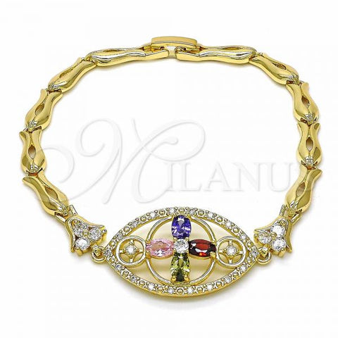 Oro Laminado Fancy Bracelet, Gold Filled Style Flower and Fish Design, with Multicolor Cubic Zirconia, Polished, Golden Finish, 03.316.0073.1.08