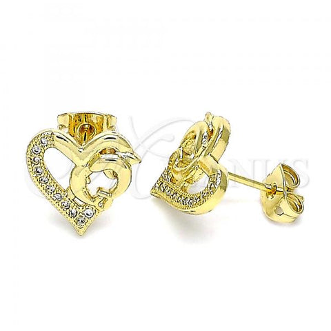 Oro Laminado Stud Earring, Gold Filled Style Dolphin and Heart Design, with White Micro Pave, Polished, Golden Finish, 02.342.0176