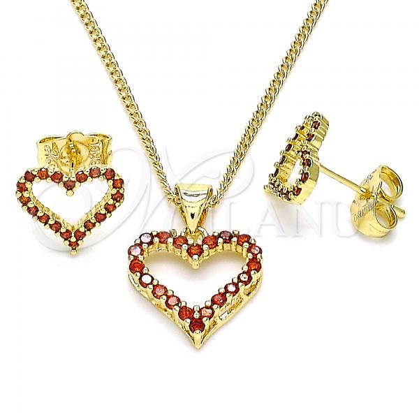 Oro Laminado Earring and Pendant Adult Set, Gold Filled Style Heart Design, with Garnet Cubic Zirconia, Polished, Golden Finish, 10.156.0413.1