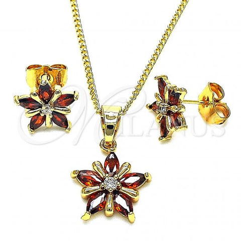 Oro Laminado Earring and Pendant Adult Set, Gold Filled Style Flower Design, with Garnet and White Cubic Zirconia, Polished, Golden Finish, 10.387.0004