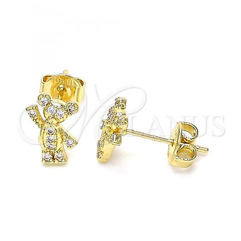 Oro Laminado Stud Earring, Gold Filled Style Teddy Bear Design, with White Micro Pave, Polished, Golden Finish, 02.156.0428
