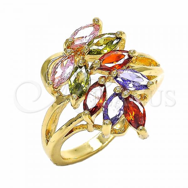 Oro Laminado Multi Stone Ring, Gold Filled Style Leaf Design, with Multicolor Cubic Zirconia, Polished, Golden Finish, 01.365.0009.09 (Size 9)