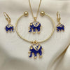 Oro Laminado Necklace, Bracelet and Earring, Gold Filled Style Elephant Design, with White Crystal, Blue Enamel Finish, Golden Finish, 06.63.0182.5.GT