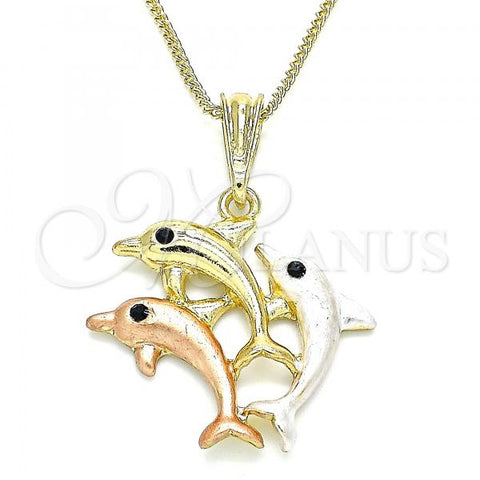 Oro Laminado Pendant Necklace, Gold Filled Style Dolphin Design, with Black Crystal, Polished, Tricolor, 04.380.0031.20