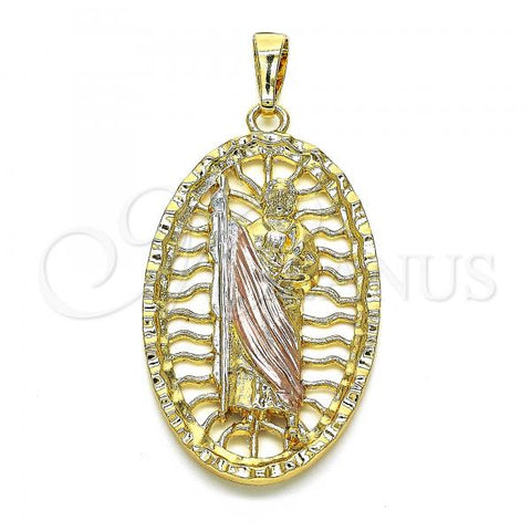 Oro Laminado Religious Pendant, Gold Filled Style San Judas Design, Polished, Tricolor, 05.351.0021