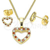 Oro Laminado Earring and Pendant Adult Set, Gold Filled Style Heart Design, with Garnet and White Micro Pave, Polished, Golden Finish, 10.233.0043.1