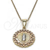 Oro Laminado Religious Pendant, Gold Filled Style Guadalupe and Heart Design, Polished, Tricolor, 05.253.0019