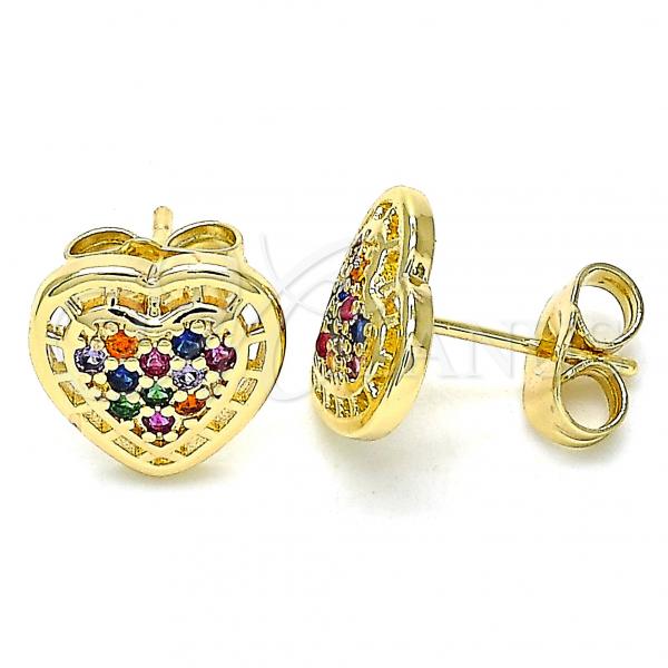 Oro Laminado Stud Earring, Gold Filled Style Heart Design, with Multicolor Micro Pave, Polished, Golden Finish, 02.210.0420.1