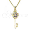 Oro Laminado Pendant Necklace, Gold Filled Style key and Crown Design, with Multicolor Micro Pave, Polished, Golden Finish, 04.344.0014.2.20