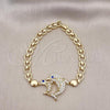 Oro Laminado Fancy Bracelet, Gold Filled Style Dolphin and Heart Design, with White and Sapphire Blue Micro Pave, Polished, Golden Finish, 03.283.0350.07