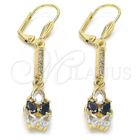 Oro Laminado Long Earring, Gold Filled Style Teardrop Design, with Black and White Cubic Zirconia, Polished, Golden Finish, 02.210.0206.1