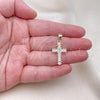 Oro Laminado Religious Pendant, Gold Filled Style Cross Design, with White Cubic Zirconia, Polished, Golden Finish, 05.342.0086