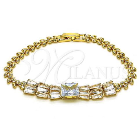 Oro Laminado Fancy Bracelet, Gold Filled Style Baguette and Leaf Design, with White Cubic Zirconia, Polished, Golden Finish, 03.283.0305.07