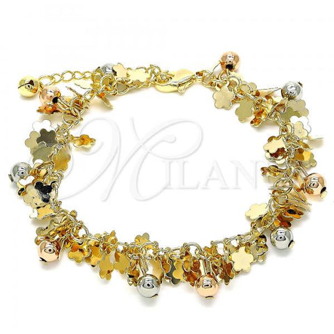 Oro Laminado Charm Bracelet, Gold Filled Style Flower and Ball Design, Polished, Tricolor, 03.331.0196.07