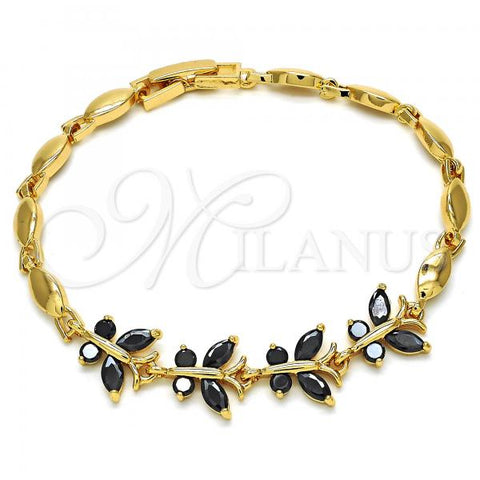 Oro Laminado Fancy Bracelet, Gold Filled Style Butterfly Design, with Black Cubic Zirconia, Polished, Golden Finish, 03.210.0098.07