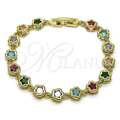 Oro Laminado Fancy Bracelet, Gold Filled Style Flower Design, with Multicolor Cubic Zirconia, Polished, Golden Finish, 03.283.0442.07