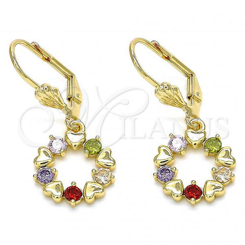 Oro Laminado Dangle Earring, Gold Filled Style Heart Design, with Multicolor Cubic Zirconia, Polished, Golden Finish, 02.210.0442.2