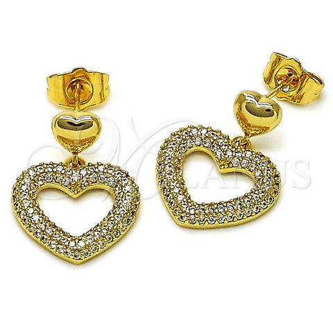 Oro Laminado Dangle Earring, Gold Filled Style Heart Design, with White Micro Pave, Polished, Golden Finish, 02.283.0115