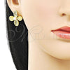 Oro Laminado Stud Earring, Gold Filled Style Leaf and Ball Design, with Ivory Pearl, Diamond Cutting Finish, Golden Finish, 02.341.0247
