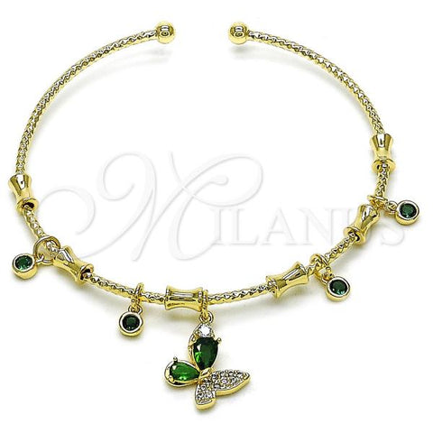 Oro Laminado Individual Bangle, Gold Filled Style Butterfly Design, with Green Cubic Zirconia and White Micro Pave, Diamond Cutting Finish, Golden Finish, 07.60.0029